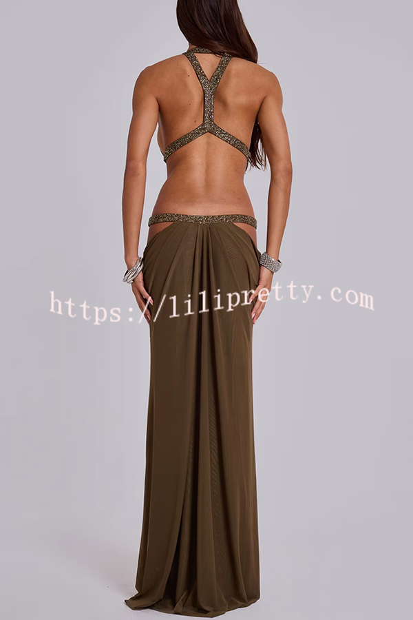 Khaki Hot-fix Rhinestone Shoulder Strap Cutout Design Backless Drape Maxi Dress