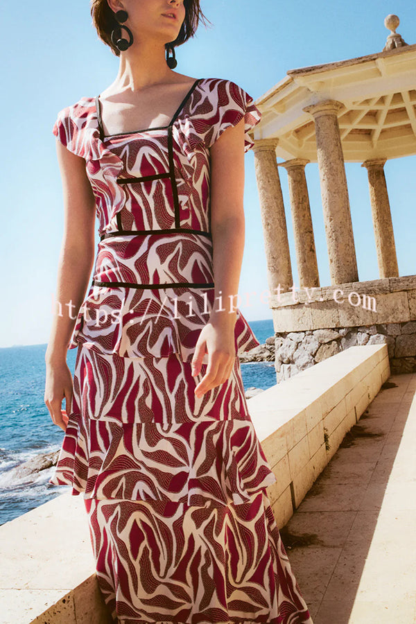 Unique Print Square Neck Ruffle Holiday Maxi Dress