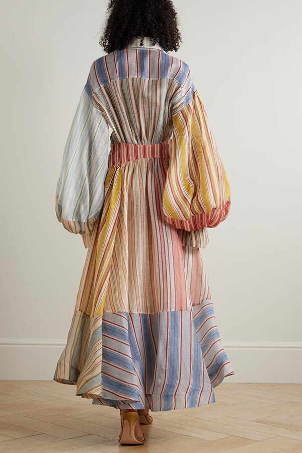 rainbow linen dress White Rainbow Linen Blend Short Puff Sleeve Mini Shirt Dress