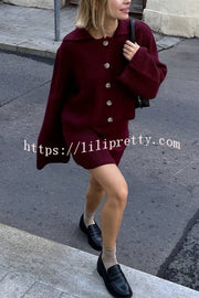 Fashion Lapel Bell Sleeve Knitted Cardigan and Casual Mini Skirt Set