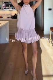 Ballerina Chic High Cowl Neck Pleated Wavy Ruffles Hem Backless Mini Dress