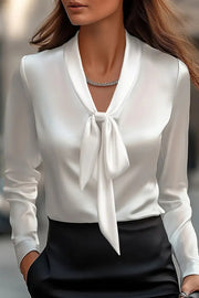 Satin Solid Color V-neck Tie Long Sleeve Elegant Shirt