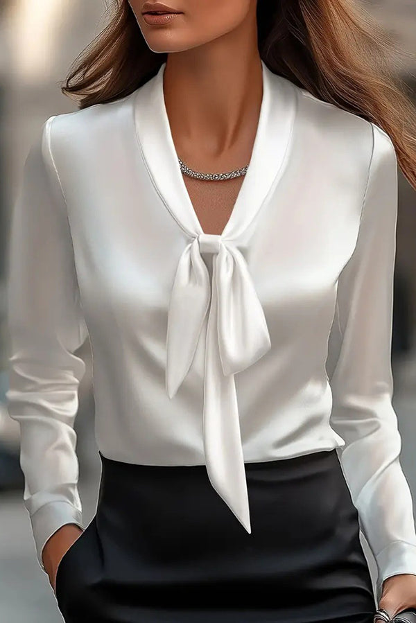 Satin Solid Color V-neck Tie Long Sleeve Elegant Shirt