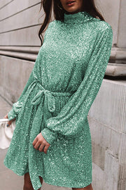 Fashionable Sequined Long-sleeved Belted Casual Mini Dress