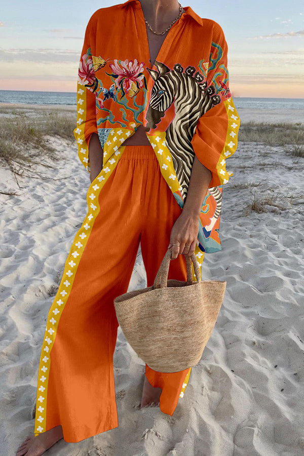 Zebra Print Oversized Shirt and Elastic Waist Pocket Pants Set