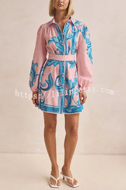 Botanical Print Lapel Puff Sleeve Vintage Belt Loose Mini Dress