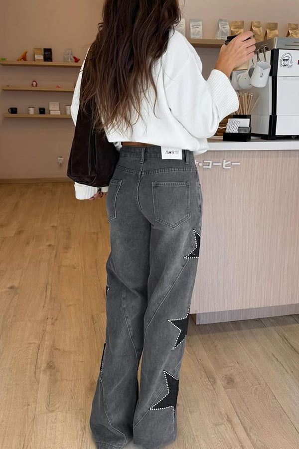 Jessy Denim Mid Rise Side Star Pattern Pocket Wide Leg Jeans