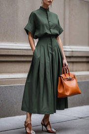 Fashionable Stand-up Collar Short-sleeved Casual Shirt and Pleated Pocket Midi Skirt Set
