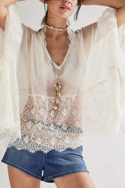 Fashionable Patchwork Lace Batwing Sleeve Loose Beach Cover Up