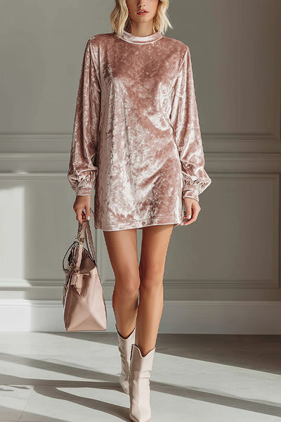 Solid Color Velvet Round Neck Long Sleeve Loose Mini Dress