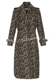 Leopard Affair Animal Print Epaulettes Long Sleeve Pocketed Lapel Midi Trench Coat