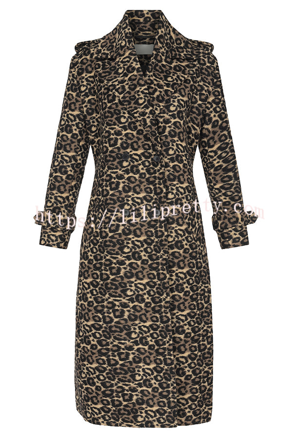 Leopard Affair Animal Print Epaulettes Long Sleeve Pocketed Lapel Midi Trench Coat