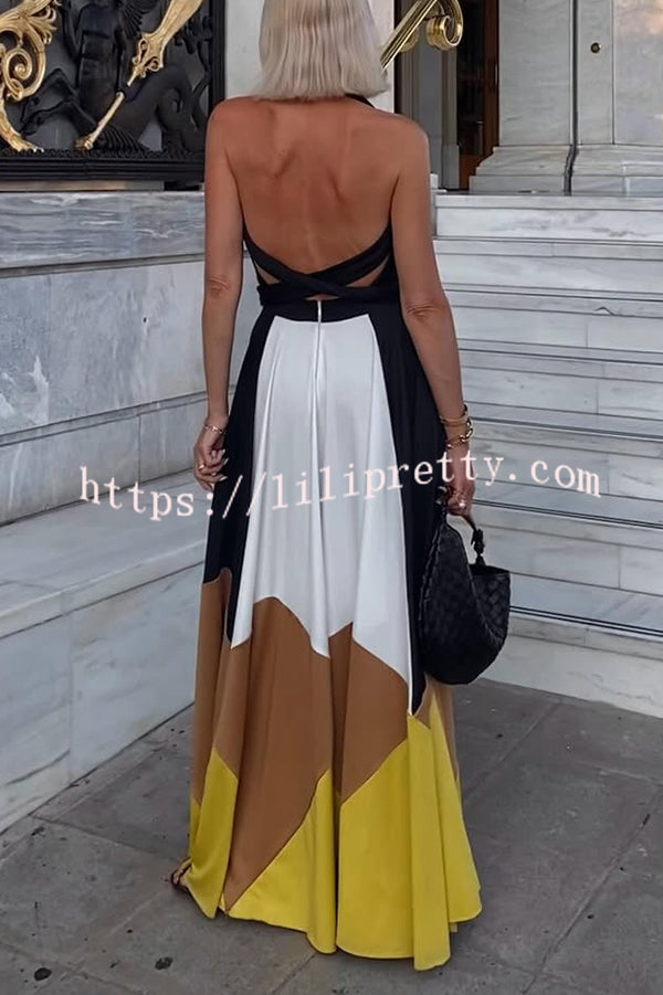 Fashion Colorblock Sexy Backless Tie Waist Full Hem Maxi Dress