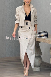 Work Style Lapel Long Sleeve Jacket and Button Belt Pocketed Slit Midi Skirt Set