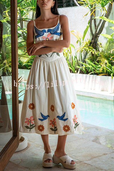 Embroidered Printed Suspenders Pleated Holiday Midi Dress