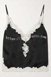 Celebration Look Contrast Color Satin Lace Trim V-Neck Slip Tank
