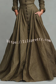 Linen Blend Lapel Pocket Single-breasted Shirt-style Casual Maxi Dress