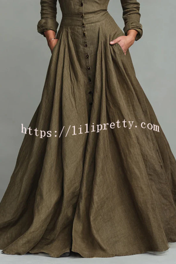 Linen Blend Lapel Pocket Single-breasted Shirt-style Casual Maxi Dress
