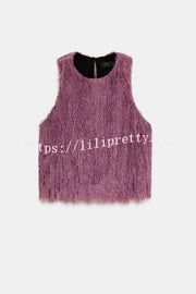 Flowing Elegance Layered Tassels Round Neck Sleeveless A-line Tank