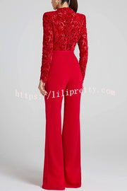 Eleanor Embroidered Floral Lace Long Sleeve Patchwork Belt Flare Jumpsuit