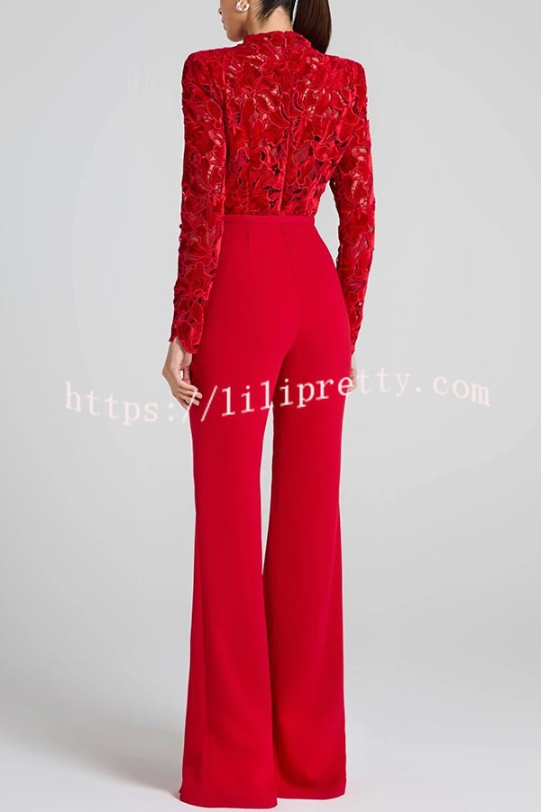 Eleanor Embroidered Floral Lace Long Sleeve Patchwork Belt Flare Jumpsuit