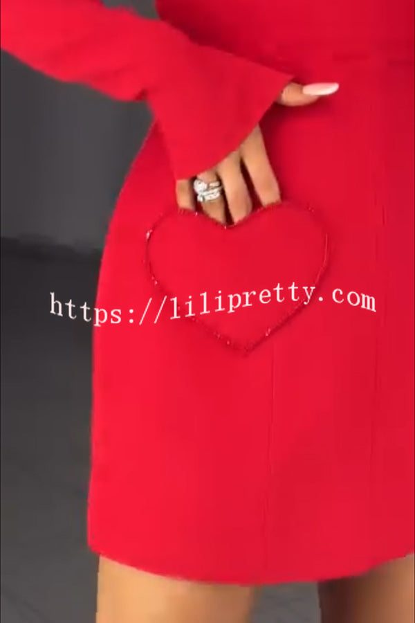 Anna Sparkling Gemstone Trim Heart Pocket Long Sleeve Mini Dress