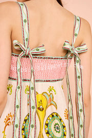 Summer Serenade Linen Blend Unique Print Tie-up Strap Smocked Pocketed Maxi Dress