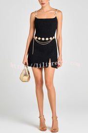 Timeless Exquisite Tweed Fabric Metal Coin Chain Detail Slip Mini Dress