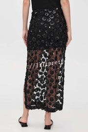 Gorgeous Flower Embellished Sequin Sheer High Rise Slit Midi Skirt