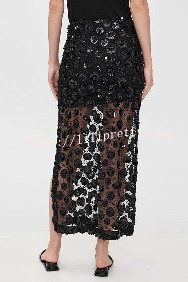 Gorgeous Flower Embellished Sequin Sheer High Rise Slit Midi Skirt