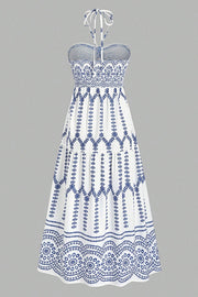 Bohemian Holiday Style Unique Print Halter Neck Tie Slit Midi Dress