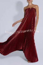 Party Time Pleated Metallic Fabric Off Shoulder Irregular Hem A-line Maxi Dress