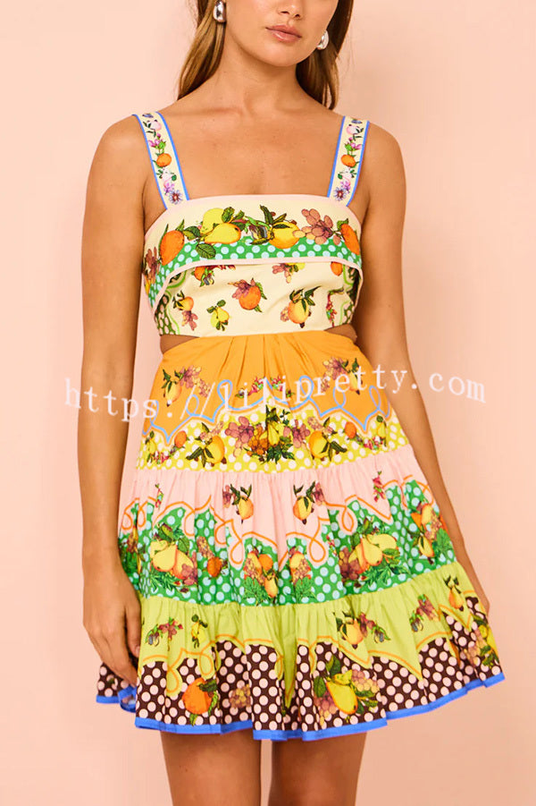 Lilipretty® Sweet and Sour Summer Multicolor Lemon Print Pleated Hem Mini Dress