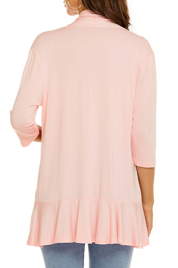 Solid Color Casual Three-quarter Sleeve Ruffled Loose Cardigan