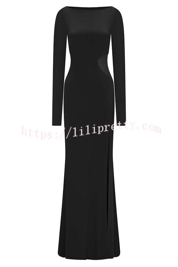 Fashion Long-sleeved Slim Sexy Hollow Slit Maxi Dress