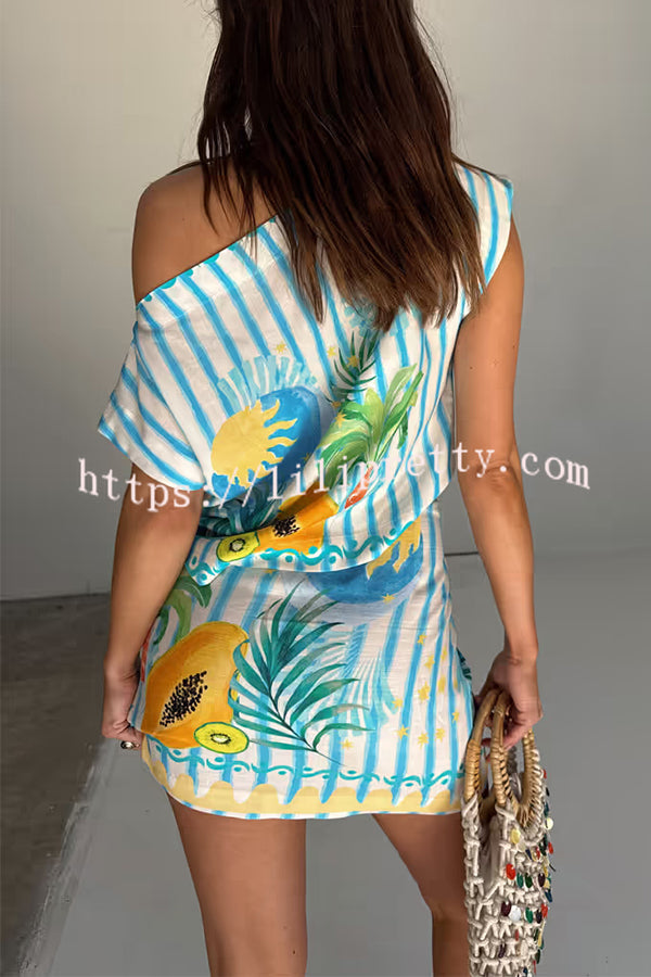 See You in Rio Tropical Fruits Print One Shoulder Wide Sleeve Loose Shirt