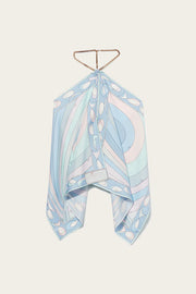 Artistic Girl Satin Unique Print Metal Chain Halter Draped Scarf Tank