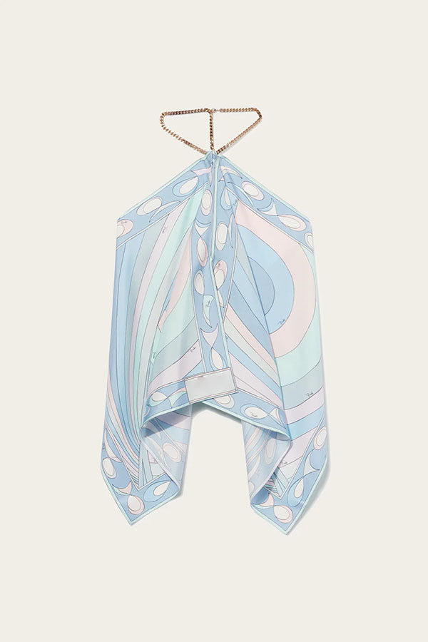Artistic Girl Satin Unique Print Metal Chain Halter Draped Scarf Tank