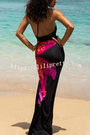 Lilipretty® Hayden Floral Print Center Ruched Halter Slit Maxi Dress