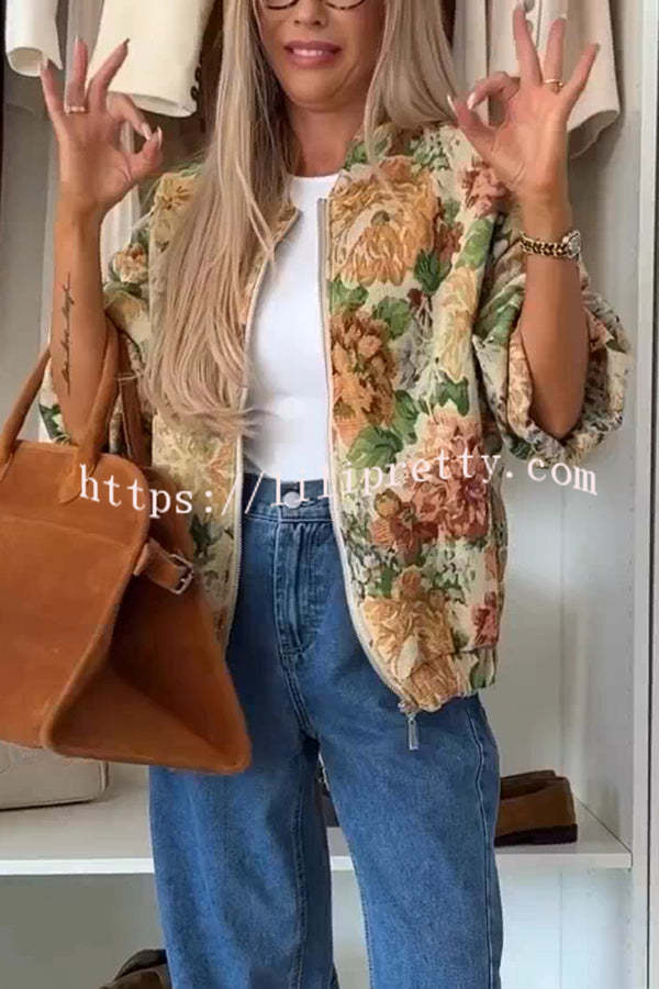Floral Print Loose Long-sleeved Zip-up Jacket