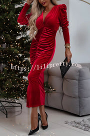 Just Watch Me Velvet Ruched Puff Long Sleeve Midi Dress