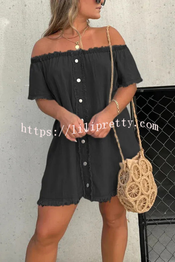 Fashionable Off Shoulder Short-sleeved Loose Denim Mini Dress