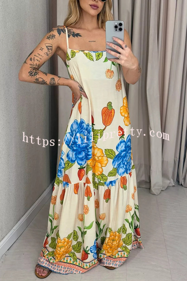Floral Print Halter Back Loose Pocket Full Hem Maxi Dress