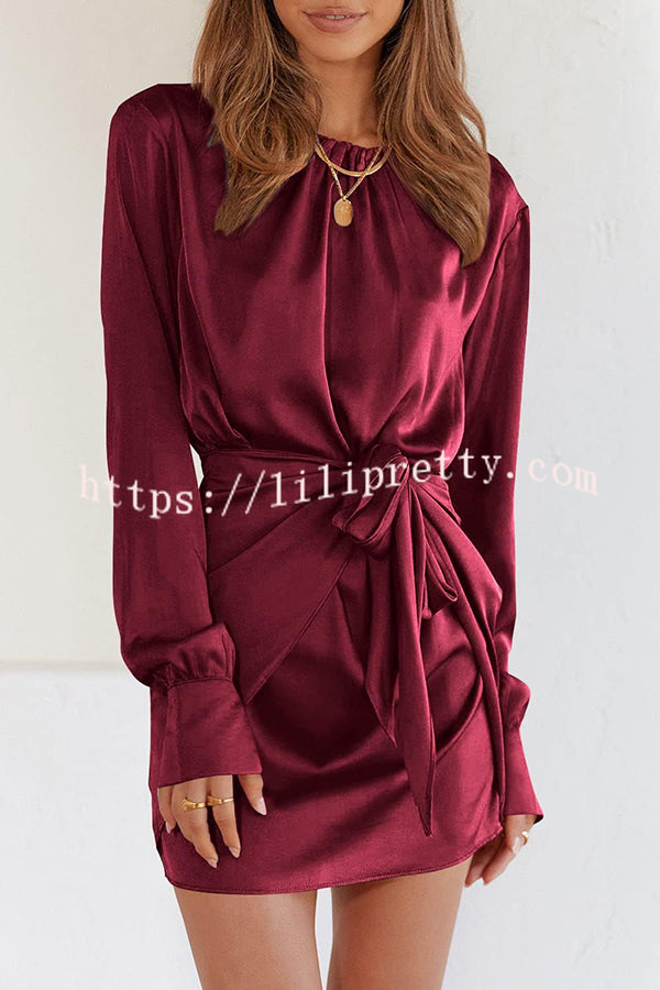 Satin Round Neck Long Sleeve Elastic Tie Mini Dress