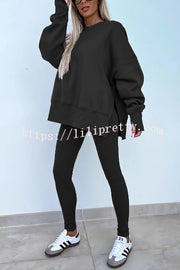 Solid Color Loose Long Sleeve SlitSweatshirt and Elastic Waist Tight Pants Set