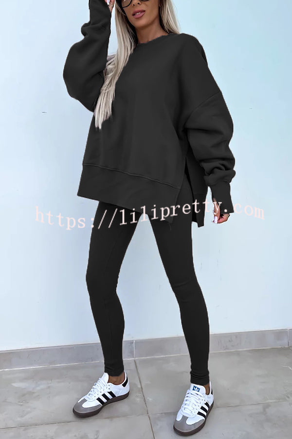 Solid Color Loose Long Sleeve SlitSweatshirt and Elastic Waist Tight Pants Set