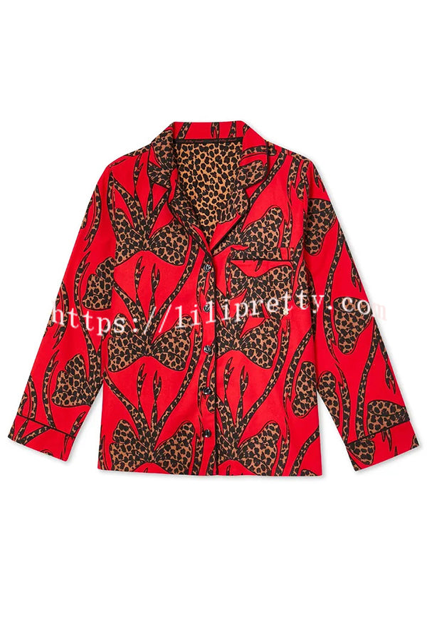 Stylish Colorblock Leopard Print Loose Shirt and Elastic Waist Pocketed Pajama Set