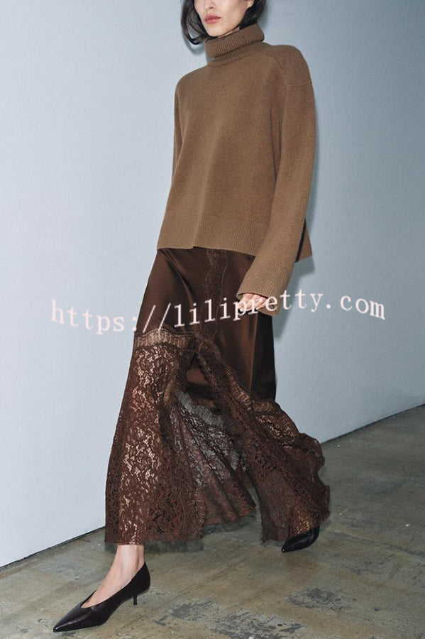 Cozy Sweet Darling Satin Lace Patchwork Mid Rise Slit Maxi Skirt