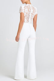 Party Charmer Flower Lace Patchwork Short Sleeve Bow Belted Flare Jumpsuit