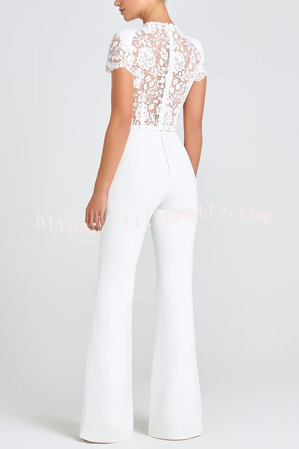 Party Charmer Flower Lace Patchwork Short Sleeve Bow Belted Flare Jumpsuit